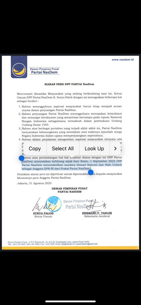 Non-aktif : diberhentikan sementara dari jabatan/keanggotaan dan selama statusnya nonaktif, orang tersebut tidak menjalankan fungsi atau kewenangannya. Namun, bila partai menilai situasi sudah kondusif, partai bisa mengaktifkan kembali.

Kawal sampai Pergantian Antar Waktu (PAW)