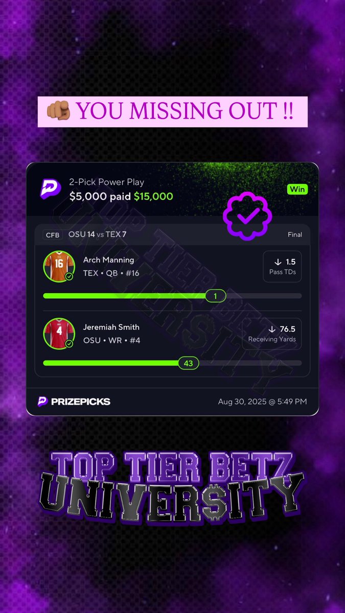 ARCH gave us NOTHING vs Ohio 💯 and Smith delivered as promised 🙌 Easy dub tonight another smooth CFB banger 🤑🔥
#toptierbetz #tbu #GamblingX #CollegeFootballPicks #PrizePicks