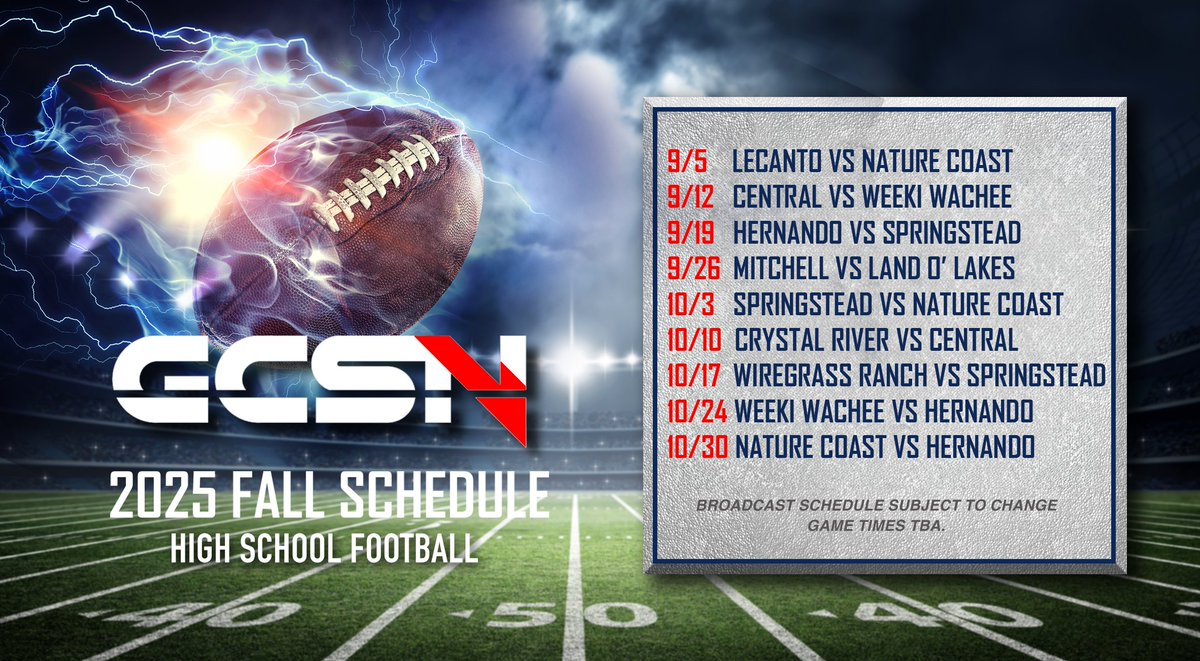 Catch the action this season on Gulf Coast Sports Network! This is our 2025 HS Football Broadcast schedule, all games are live and free on our youtube channel! <a href="/HernandoCo_Ath/">Hernando School District Athletics</a> <a href="/Andy_Villamarzo/">Andy Villamarzo</a> <a href="/FlaHSFootball/">FloridaHSFootball.com</a> <a href="/PascoCountyFB/">PascoCountyFB</a> #football #hsfootball