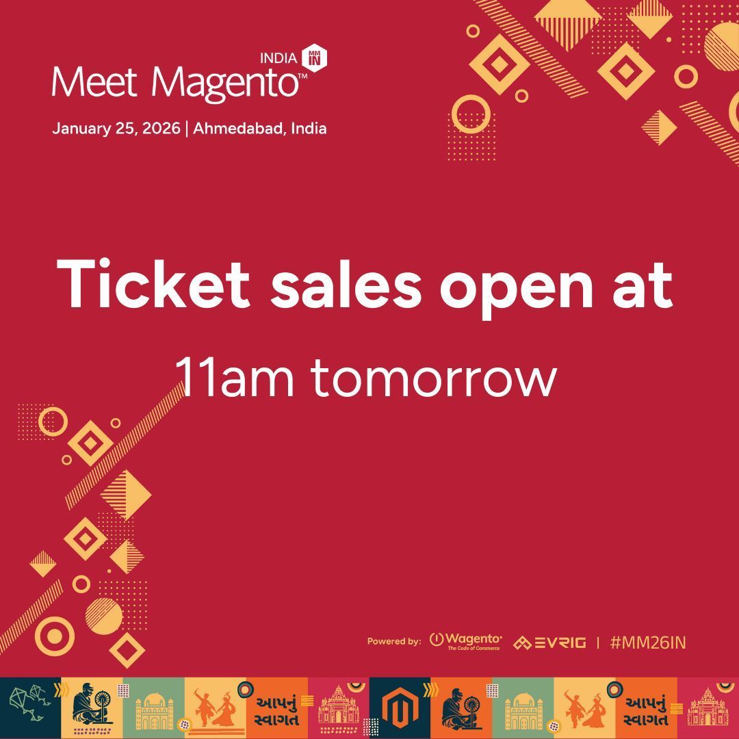 MeetMagentoIN's tweet image. 🎟️ Ticket Alert

Grab your early bird tickets for MM26IN tomorrow at 11 AM. 

🚀 Don’t miss your chance to be part of India’s premier Magento event. 

#MM26IN #eCommerceEvent #AhmedabadEvent