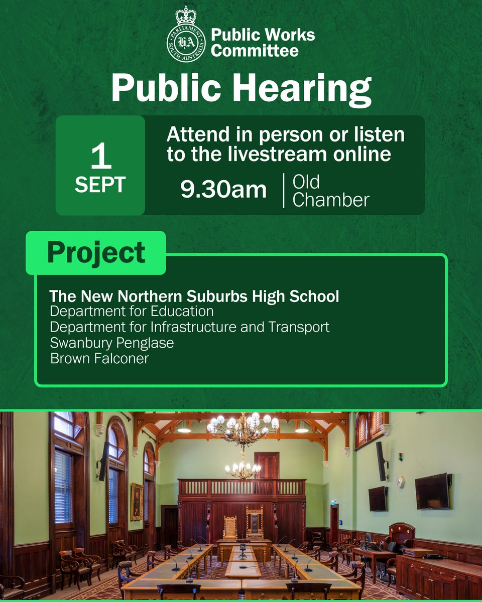 The Public Works Committee is meeting from 9.30am on Monday 1 September to discuss the New Northern Suburbs High School.

Come in person, or listen live online: parliament.sa.gov.au/about-parliame…