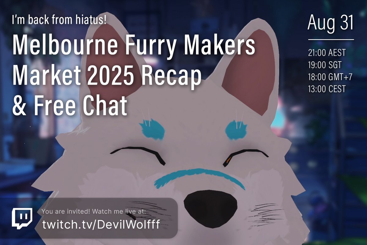 「🔔 𝙏𝙊𝘿𝘼𝙔 𝙎𝙏𝙍𝙀𝘼𝙈 」
I'm back from hiatus! Let's make tonight a comfy one and chat a bit about MFMM'25 and free chat 💙

🐺 SUN (31 AUG), 9 PM AEST | 7 PM SGT 💬
See you on stream ✨ Link in bio!