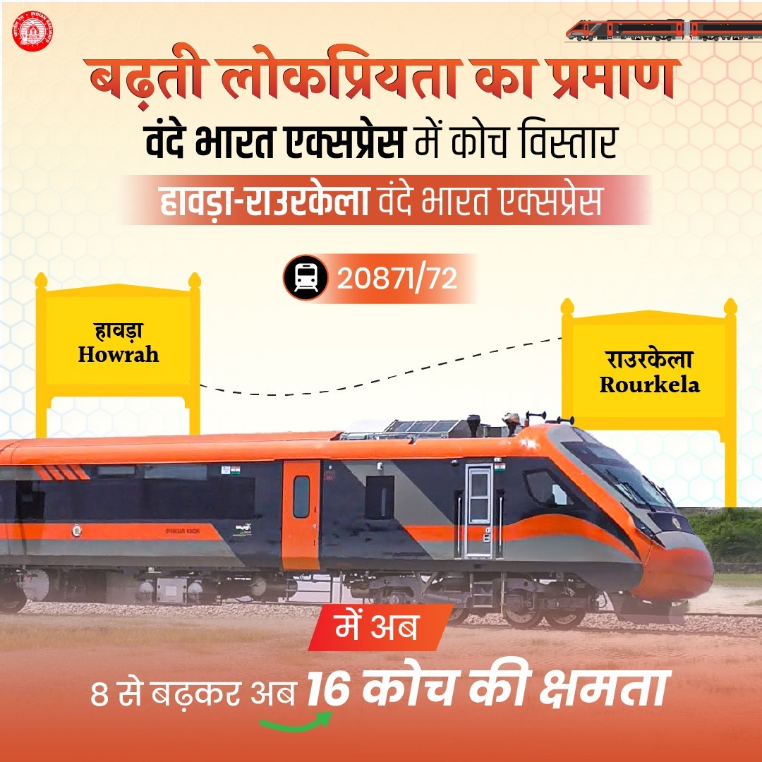 हावड़ा-राउरकेला वंदे भारत एक्सप्रेस में अब होंगे 16 कोच। बंगाल से ओडिशा की स्टील सिटी तक यात्रियों के लिए और भी सुगम व तेज़ सफर। #VandeBharatExpress