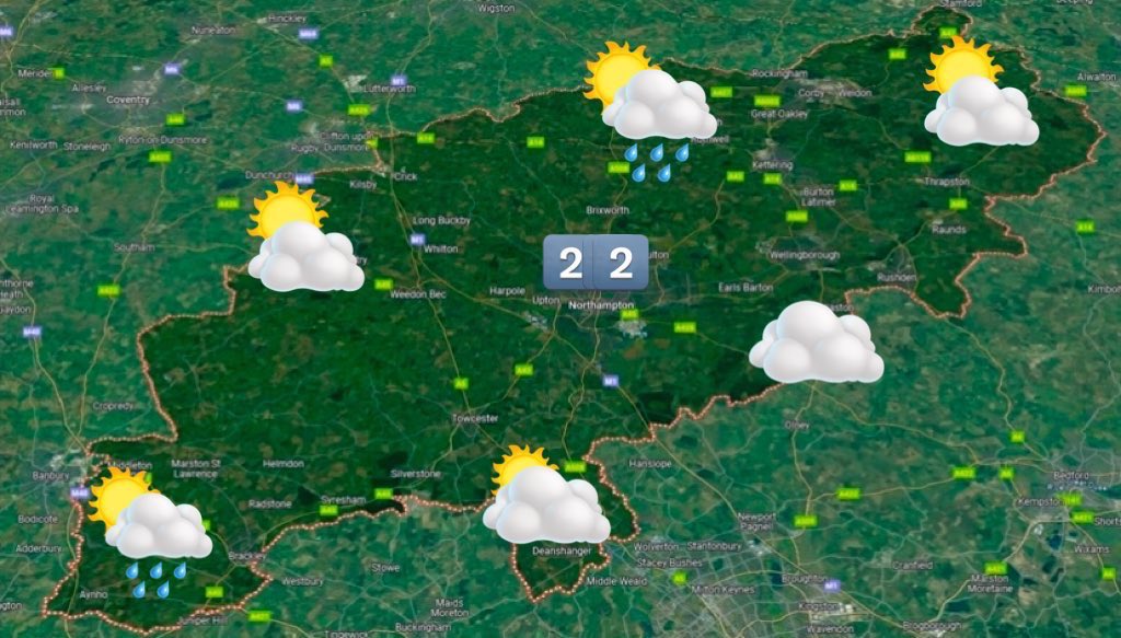 Good morning Northamptonshire.

Sunny spells &amp; scattered heavy showers developing today. A windy afternoon with 40mph gusts. 22°C.

Sunny spells &amp; further showers in the county tomorrow. Breezy. 21°C.