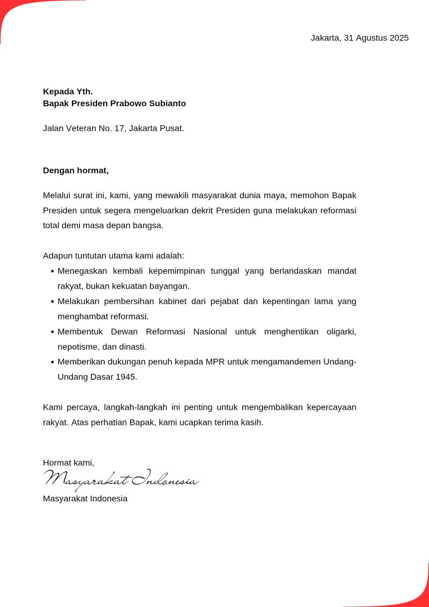 tatapralaya's tweet photo. Bangsa ini butuh langkah berani.
Saatnya Presiden keluarkan dekrit, bersihkan kabinet dari bayang-bayang lama, hentikan oligarki, dan bentuk Dewan Reformasi Nasional. Demi Indonesia yang adil, bersih, dan berpihak pada rakyat!
#ReformasiTotal #DekritPresiden #SelamatkanIndonesia https://t.co/AnIGeR2RLT