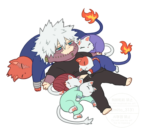 えんじキャットを枕にして寝てたら、みんな集まってきて動けなくなってしまったとーや兄。