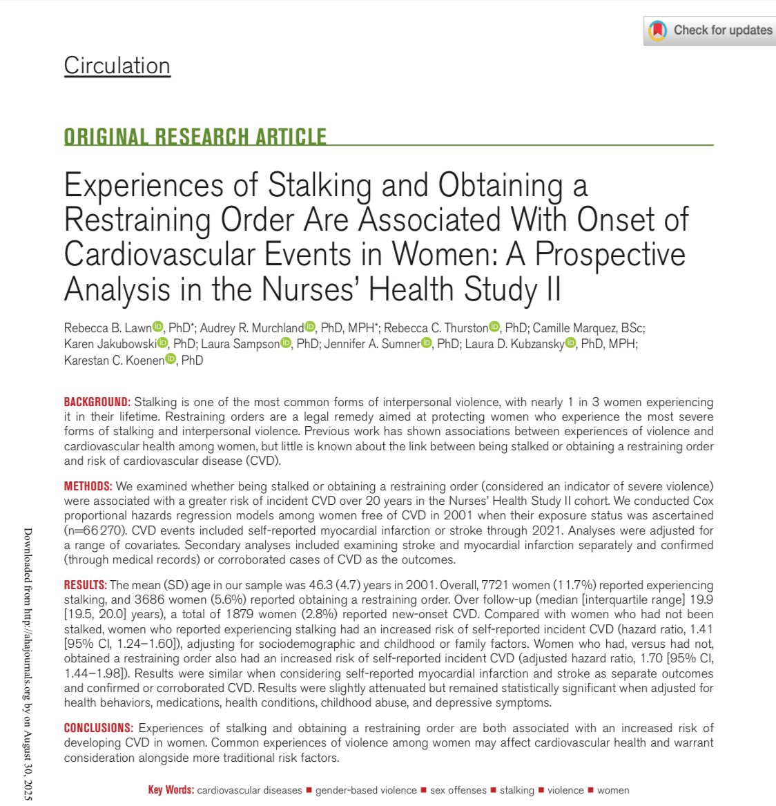 PonNutr's tweet image. ストーキング被害は「心の問題」だけではなかった

☑︎ 米国の看護師約6万6千人を20年追跡した研究で、被害を経験した女性は、心臓病や脳卒中のリスクが41%増📈

#今日の論文紹介
#Circulation
#心疾患