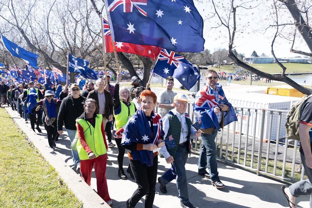 PaulineHansonOz's tweet photo. Before today’s rallies even began, the mainstream media, along with Labor and Liberal leaders tried to smear and condemn patriotic Australians for standing up for our country.

But One Nation hears you, Australia.

Thousands turned out because they know the truth: mass immigration is driving up housing costs, straining hospitals, schools and infrastructure, and eroding our Australian way of life.

That’s why I, Senator Roberts and Senator Whitten, your three One Nation Senators, stood shoulder to shoulder with proud Australians at the march in Canberra, and why we applaud those who peacefully joined rallies in towns and cities right across the nation.

Congratulations to every decent Australian who gave up their time today to peacefully and proudly stand for our nation and our future.