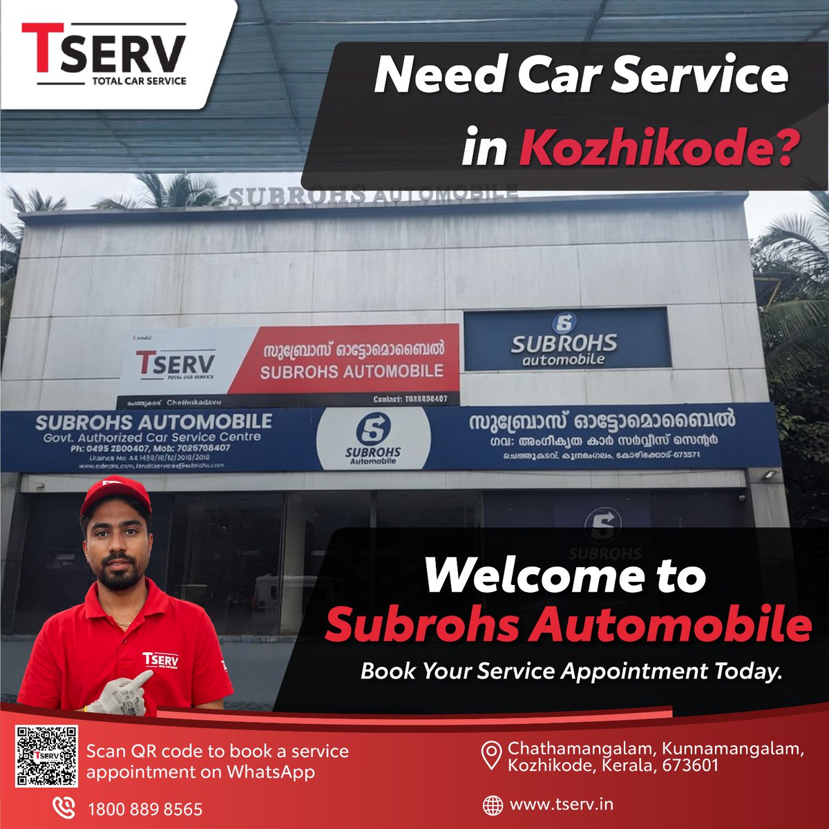 TservIndia's tweet photo. Need car service in Kozhikode? 🚘
Get expert care at TSERV - Subrohs Automobile🔧
#Partnership #carcare #viral #PatnaNews #workshops #Outlet #WelcomeAboard #BookNow #trafficking #Car #automotivepower #Kozhikode https://t.co/Rb4wXhYEMM