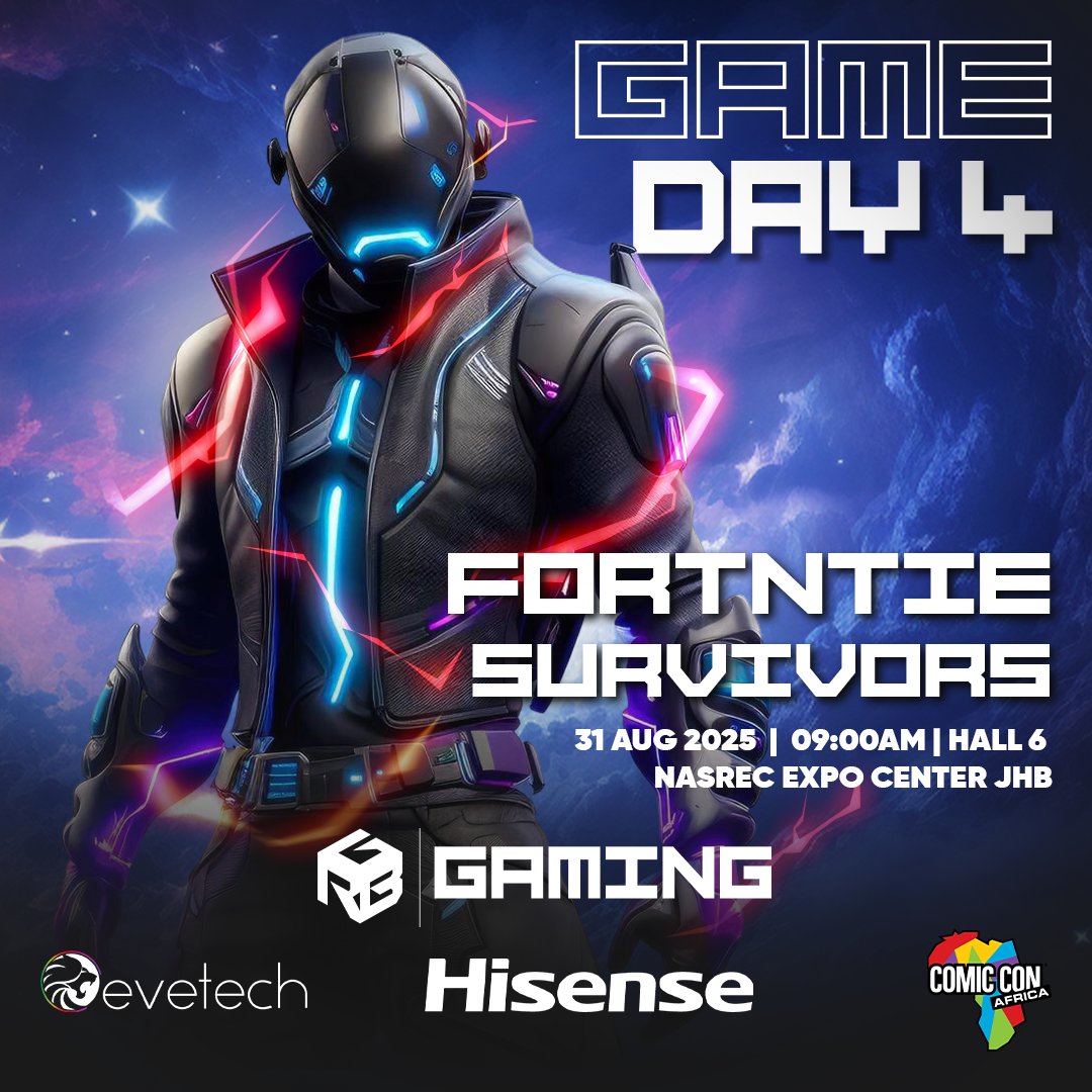 🔥 Final Day! #ComicConAfrica2025 🔥
12 high schools. One trophy. 🏆
 Fortnite Survivors has begun – who will be the last team standing? 🎮💥
📍 Hall 6
#Esports #Eduvos #RGBGaming
<a href="/edu_vos/">Eduvos</a> <a href="/HisenseSA/">Hisense South Africa</a> <a href="/Evetech/">EVETECH</a>