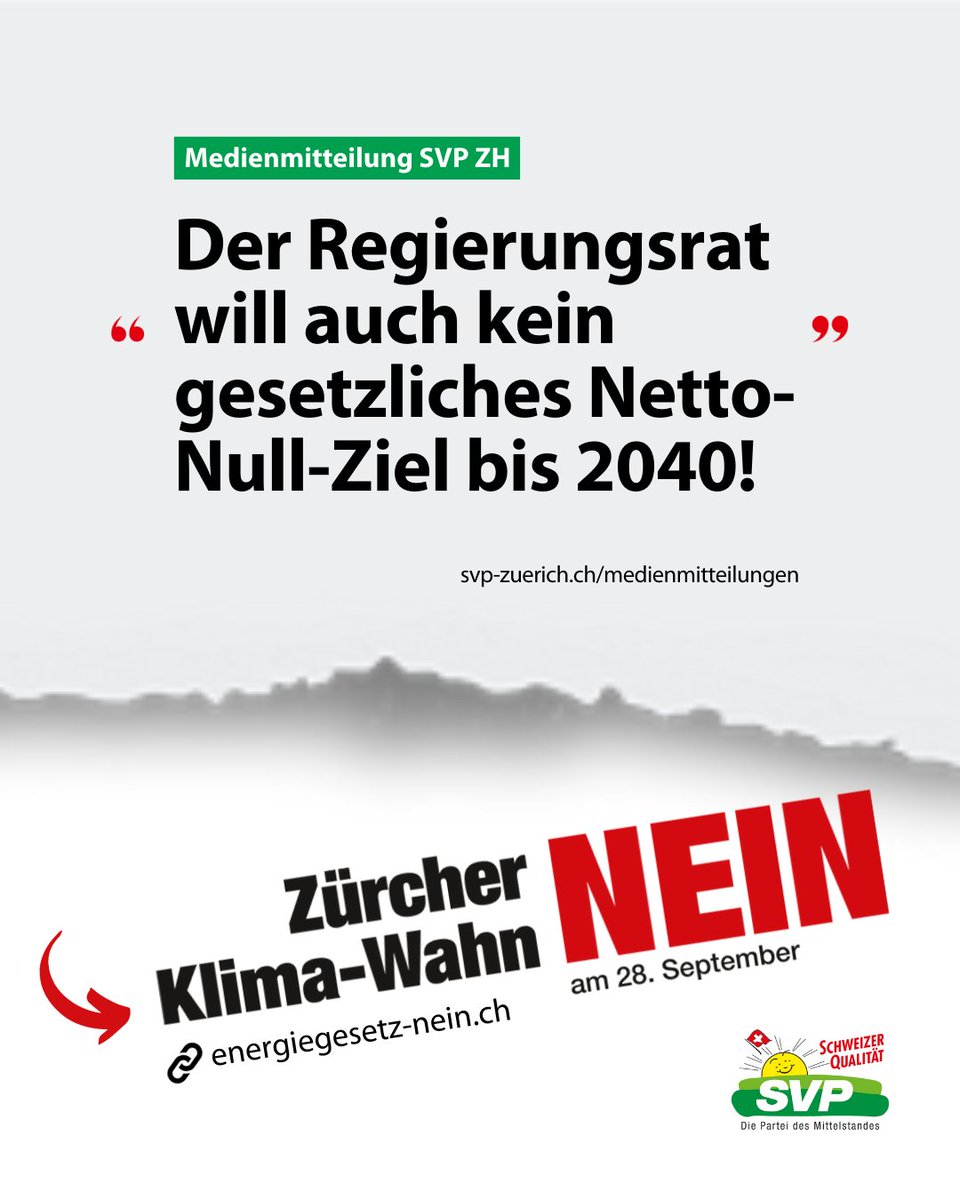 Die SVP des Kantons Zürich unterstützt die ablehnende Haltung des Regierungsrats zum missratenen Energiegesetz!

⚡Netto-Null bis 2040 ist realitätsfremd, unklar und wirtschaftsfeindlich.

👉🏼energiegesetz-nein.ch

Zur Mitteilung: svp-zuerich.ch/medienmitteilu…

#freiundsicher #svpzh