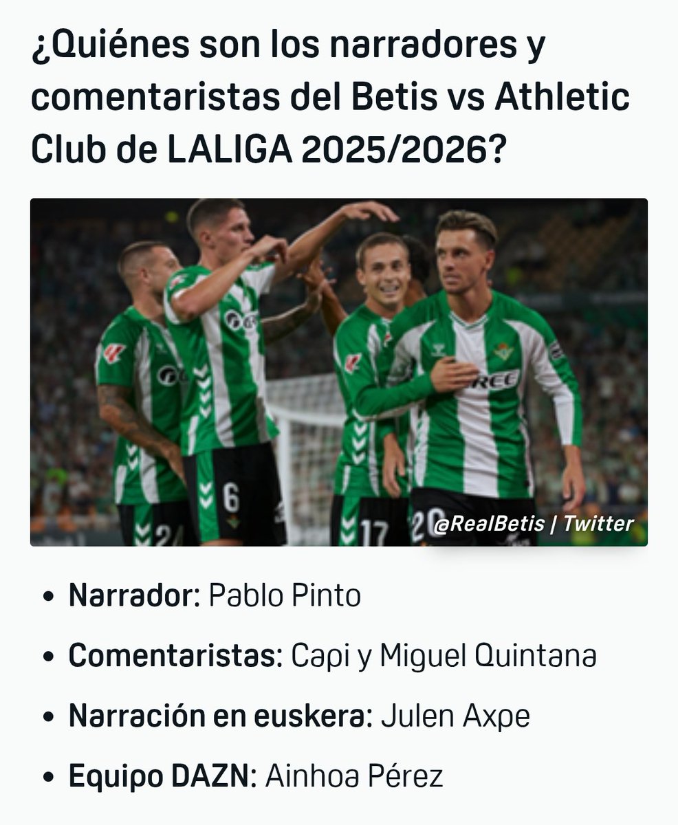 Julen Axpe (@julen_axpe) on Twitter photo ¿Sí Rosalía abriera un bar en el Benito Villamarin como se llamaría?🟢⚪ BarTra
Benga geroarte. Bartzelonara noie. Mediaprora. 19:00etan entzutenga. Betis - Athletic euskeraz <a href="/DAZN_ES/">DAZN España</a> -en✊ ¿Sí Rosalía abriera un bar en el Benito Villamarin como se llamaría?🟢⚪ BarTra
Benga geroarte. Bartzelonara noie. Mediaprora. 19:00etan entzutenga. Betis - Athletic euskeraz <a href="/DAZN_ES/">DAZN España</a> -en✊