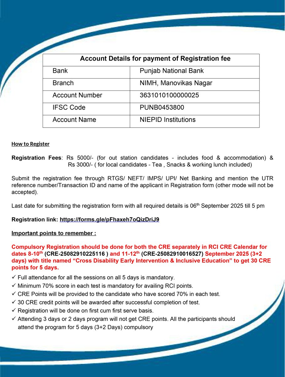 NIEPID secunderabad in collaboration with Pratham Education Foundation, Mumbai is conducting an offline CRE workshop on cross disability early intervention &amp; inclusive education for 5 days from 8 to 12 September 2025.
Registration Form:
forms.gle/pFhaxeh7oQizDr…
