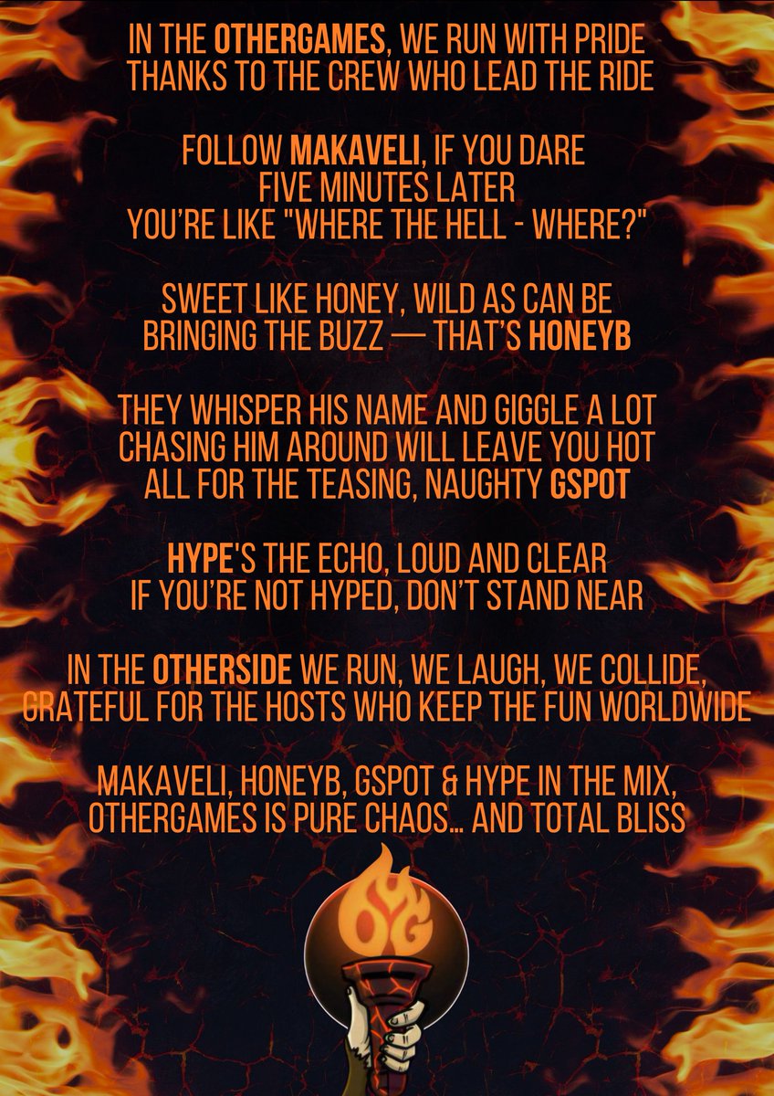 In the <a href="/OtherGamesXYZ/">Other Games</a> we run with pride, thanks to the crew who lead the ride.

Follow <a href="/MakaveliDlaCruz/">Makaveli</a> if you dare — five minutes later, you’re like "where the hell - WHERE?"

Sweet like honey, wild as can be,
Bringing the buzz — that’s <a href="/honeybdot/">honey b.</a>.

They whisper his name and