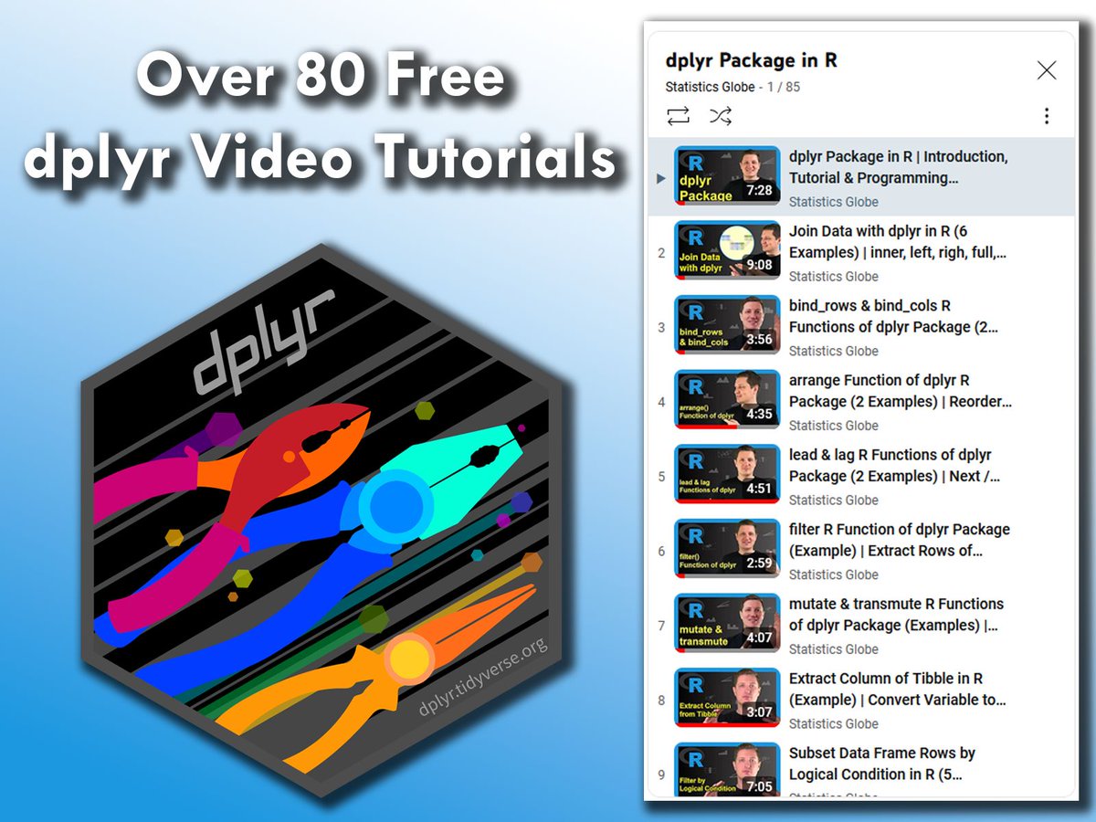 The dplyr package is essential for data manipulation, making it easy to transform and clean data.

I've created an extensive playlist with over 80 video tutorials to help you master this tool: youtube.com/watch?v=LRU5Tx…

Here are some highlights of the dplyr package:

✔️ Simple