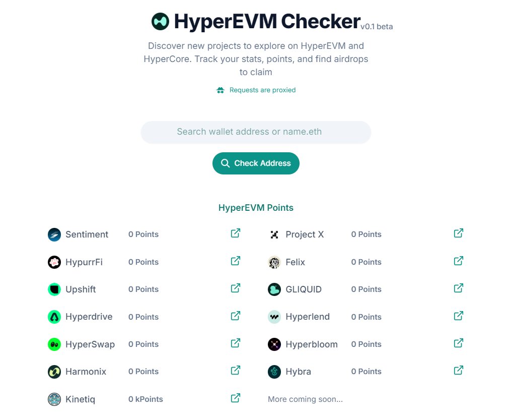 Tracking HyperEVM Points Made Simple ⚡️

Instead of guessing where I stand across all these projects, I’ve been using the HyperEVM Checker.

Just drop your EVM wallet, hit check, and it shows everything in one place. Super handy.
drops.bot/free-hyperevm-…