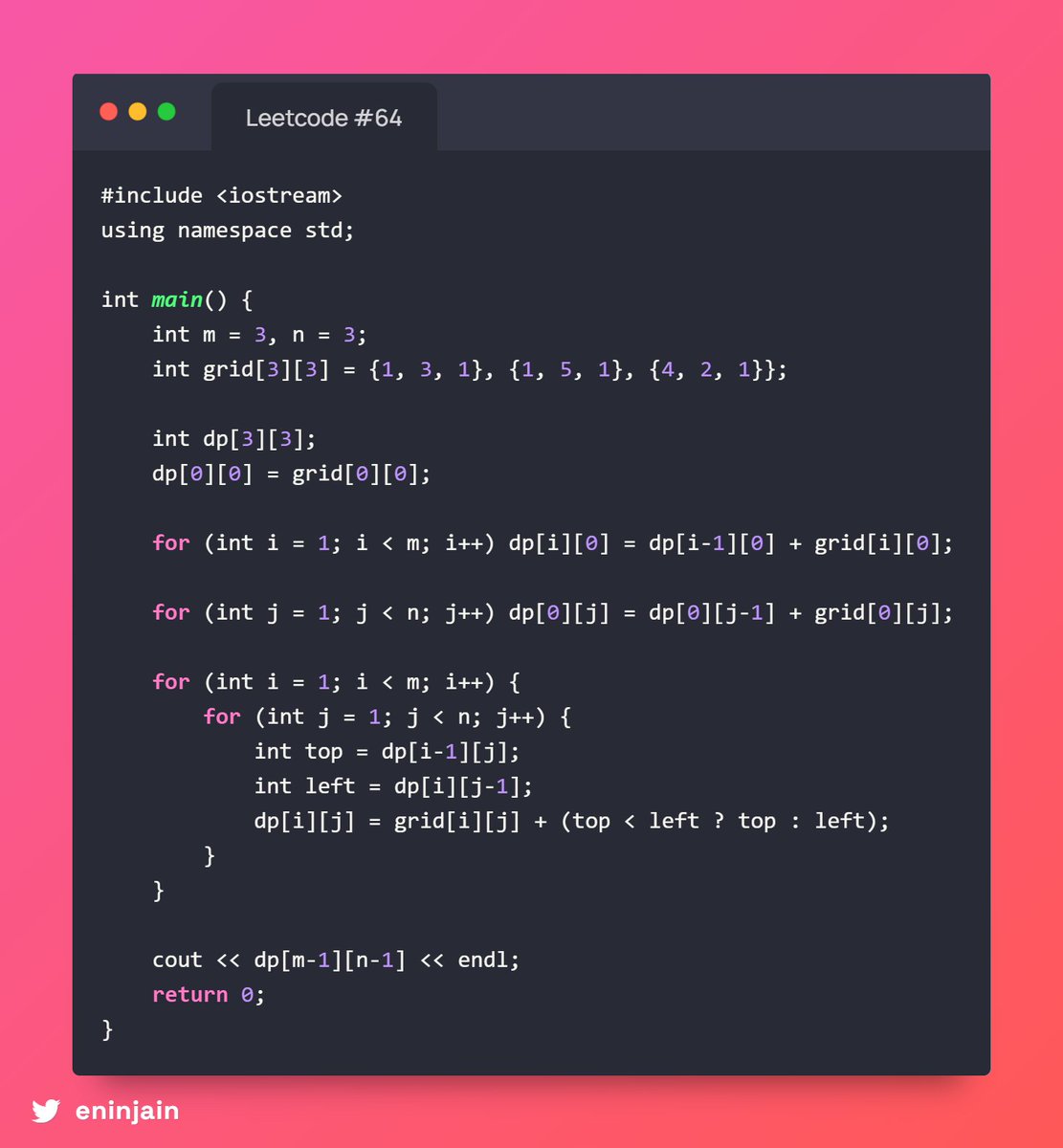 eninjain's tweet image. 🛤️ #64 Minimum Path Sum
Find the min path sum in an m×n grid, moving only ⬇️ or ➡️.
Ex: [[1,3,1],[1,5,1],[4,2,1]] → 7 ✅ (path: 1→3→1→1→1)
💡 DP trick: dp[i][j] = grid[i][j] + min(top,left)
⏱ O(mn), 🗂 O(mn)/O(n).
#DynamicProgramming #LeetCodeMedium #InterviewReady
