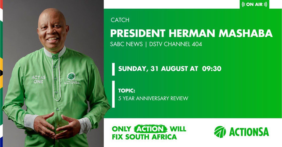 Catch me live this morning on <a href="/SABCNews/">SABC News</a> DSTV Channel 404 between 9:30 and 10:00am as we speak on 5 years of <a href="/Action4SA/">ActionSA</a>.

This has been a heroic journey that is just beginning. Please tune in.

#5YearsofAction 🇿🇦💚
