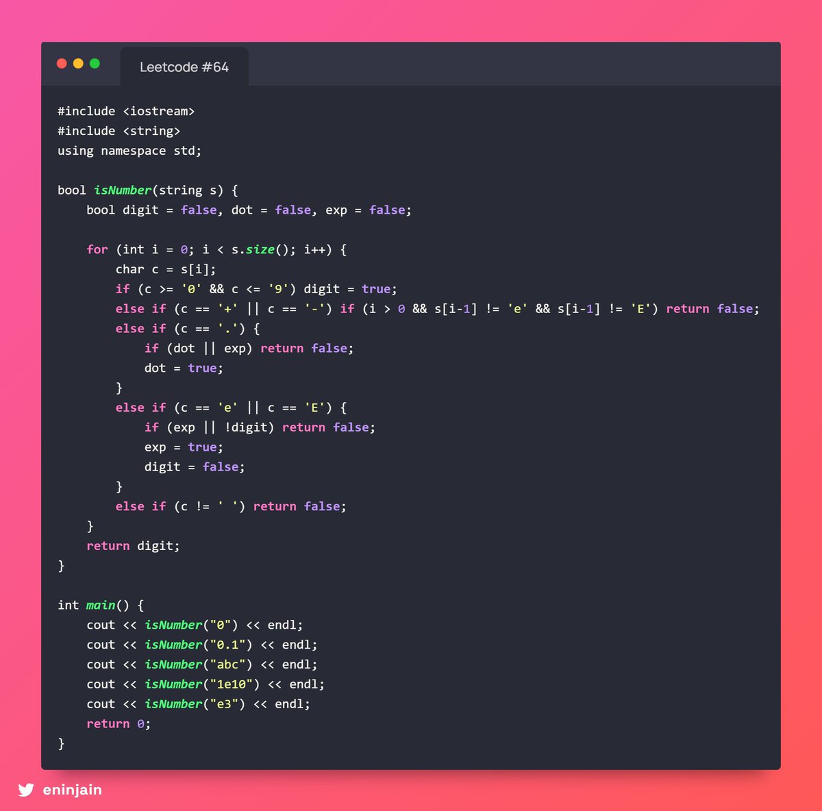 eninjain's tweet image. 🔢 #65 Valid Number
Check if a string is a valid number: int, decimal, or scientific (e/E), with optional +/-.
Ex: "0"✅ "0.1"✅ "abc"❌ "1e10"✅ "e3"❌
💡 Trim spaces, handle sign, split num & exponent, validate parts.
⏱ O(n), 🗂 O(1).
#StringParsing #LeetCodeHard