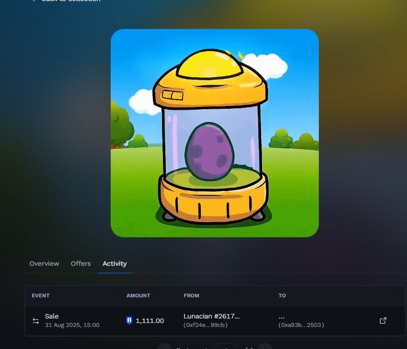 What’s going on here? 👀
BAXIE Unrevealed Genesis Egg #1 just sold for 1.1K RON! 🐾✨

From only 12 RON mint to 1.1K RON 
almost x100 of the minting price that’s a HUGE jump and it’s not even revealed yet! 💖

Could it be a Mystic BAXIE? Or maybe the magic of being #1? 🎀
Either
