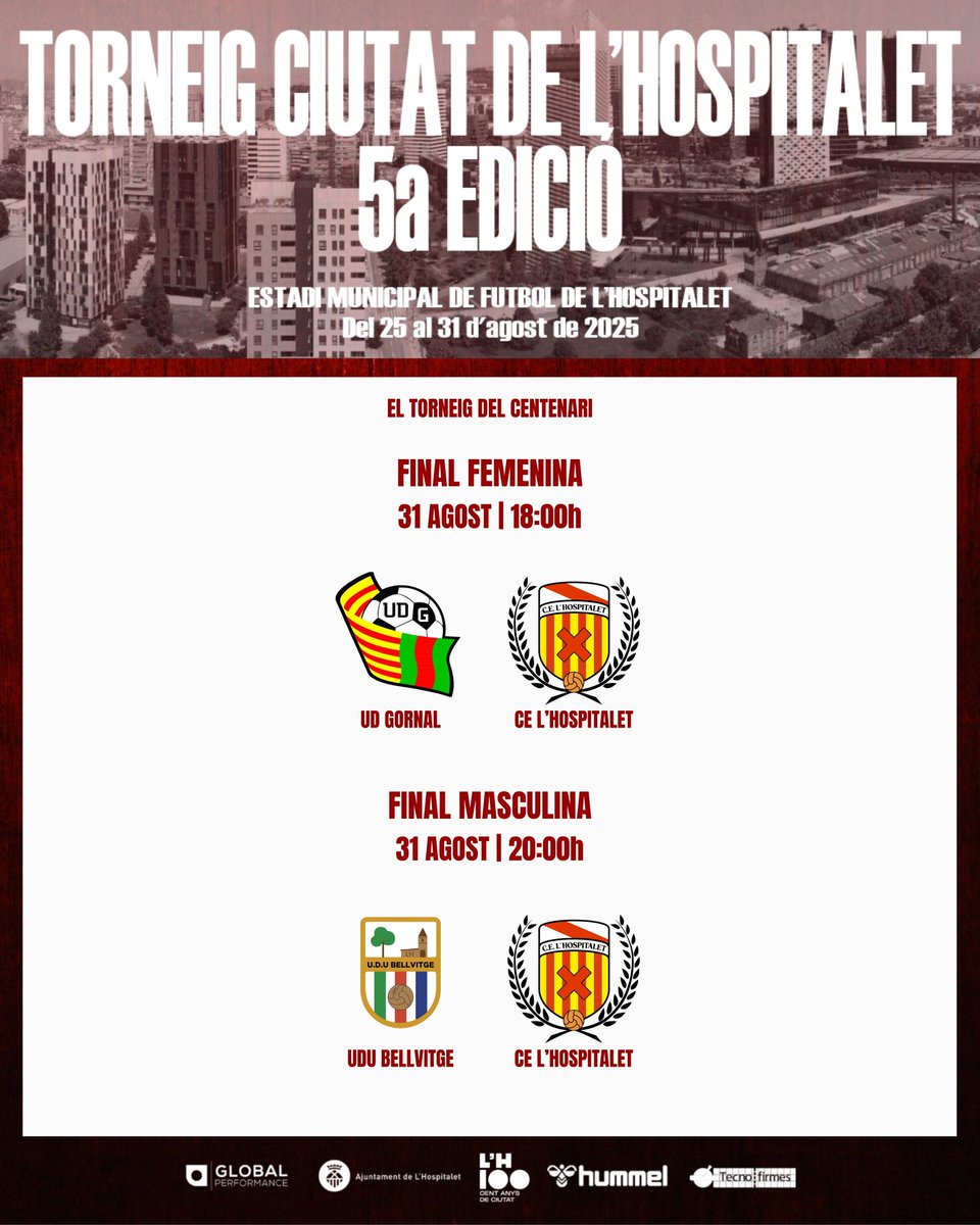 [DIA DE FINALS]

🏆 Final Femenina
🕕 18h. <a href="/udgornal/">UD Gornal</a> - <a href="/CELHFemeni/">CE L'Hospitalet Femení</a>

🏆 Final Masculina
🕗 20h. <a href="/UniBellvitge/">U.D. Unificación Bellvitge</a> - <a href="/CELHospitalet/">CE L'Hospitalet</a>

🏟 Estadi Municipal de L'H
💻 hqsport.plus
🎟 Entrada lliure

#TCLH25 #FutbolLH #CentenariLH