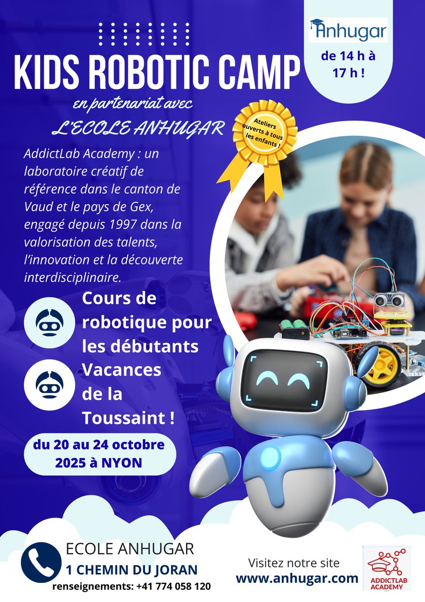 L'école Anhugar, en partenariat avec l'AddictLab Academy, propose désormais des ateliers de Robotique à l'école le jeudi de 16h à 17h15. Un Camp, pendant les vacances de la Toussaint, est aussi en préparation. 

N'hésitez pas à nous contacter pour réserver vos places !!  

A très