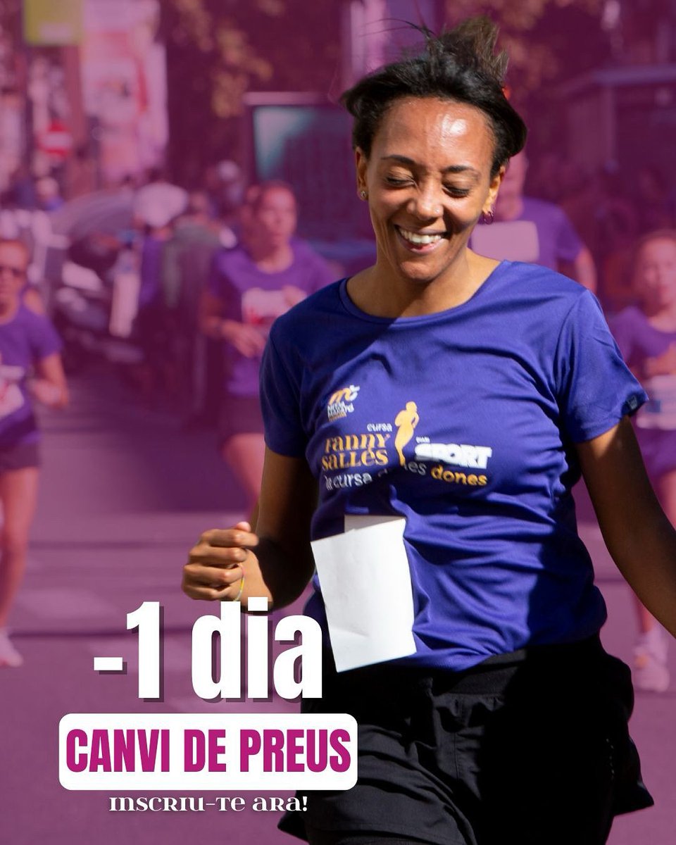 📣ÚLTIM DIA  per inscriure’s ABANS DEL CANVI DE TARIFES de la 𝗖𝘂𝗿𝘀𝗮 𝗙𝗮𝗻𝗻𝘆 𝗦𝗮𝗹𝗹é𝘀 
🏃‍♀️💜 

⬅️ Inscripcions ABANS de l’1️⃣ de SETEMBRE: 1️⃣4️⃣€❗️
➡️ Inscripcions DES DE L’1️⃣ de SETEMBRE: 1️⃣6️⃣€ ❗️

📲 INSCRIPCIONS a 
👉mitjaterrassa.org/curses/cursa-d…
#enjoyterrassa 🏙️🧡🏃🏃‍♂️ 🏃‍♀️