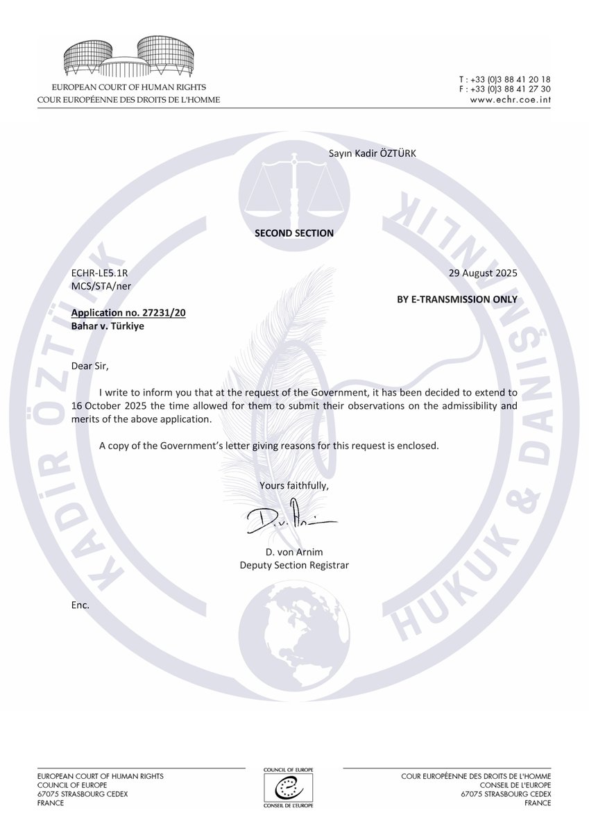 ByLock verilerinin hukuka aykırı şekilde elde edilip edilmediğini sorgulayan AİHM önündeki önemli davalardan biri olan  Bahar / Türkiye davasında, Türk Hükümeti'nin talebi üzerine savunma sunma süresi uzatıldı

Avrupa İnsan Hakları Mahkemesi, ByLock verilerine ilişkin en kritik