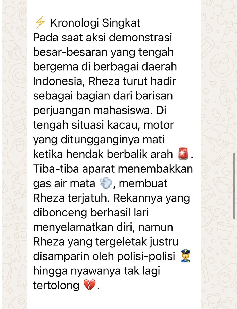 joe alwyn π΅πΈπΊπ¦ (@freakypolugm) on Twitter photo Telah berpulang salah satu kawan kita di Yogyakarta, untuk kronologi ada di foto kedua. Terbanglah tinggi, inshaa Allah syahid, Bung Rheza Sendy Pratama! ποΈ
#1312 #ACAB
#KawanJagaKawan
#Yogyakarta <a href="/merapi_uncover/">Merapi Uncover</a> Telah berpulang salah satu kawan kita di Yogyakarta, untuk kronologi ada di foto kedua. Terbanglah tinggi, inshaa Allah syahid, Bung Rheza Sendy Pratama! ποΈ
#1312 #ACAB
#KawanJagaKawan
#Yogyakarta <a href="/merapi_uncover/">Merapi Uncover</a>