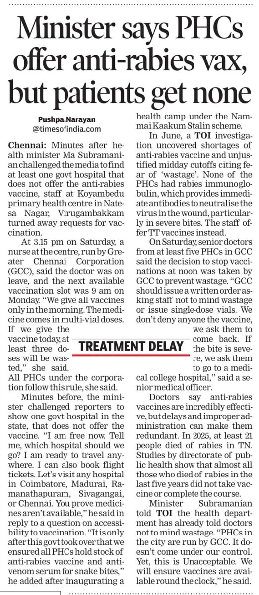 Pushpa Narayan (@toi_pushpa_n) on Twitter photo #rabies deaths are surging. 20+ in 2025 in TN. <a href="/TNDPHPM/">Directorate of Public Health & Preventive Medicine</a> says vax is free at Ghs, but <a href="/chennaicorp/">Greater Chennai Corporation</a> phcs have been turning away patients who come after noon. On Sat <a href="/Subramanian_ma/">Subramanian.Ma</a> challenged reporters to show at least 1 phc that doesn't offer vax. <a href="/TOIChennai/">TOIChennai</a> did. #rabies deaths are surging. 20+ in 2025 in TN. <a href="/TNDPHPM/">Directorate of Public Health & Preventive Medicine</a> says vax is free at Ghs, but <a href="/chennaicorp/">Greater Chennai Corporation</a> phcs have been turning away patients who come after noon. On Sat <a href="/Subramanian_ma/">Subramanian.Ma</a> challenged reporters to show at least 1 phc that doesn't offer vax. <a href="/TOIChennai/">TOIChennai</a> did.