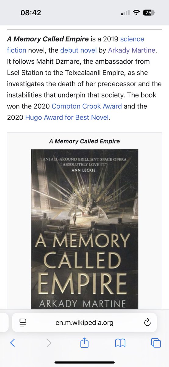 Wow, a book that took me a while to settle into, but then, just wow.
&amp; I’ve got the the joy of the sequel to come 😃
#arkadymartine
#amemorycalledempire