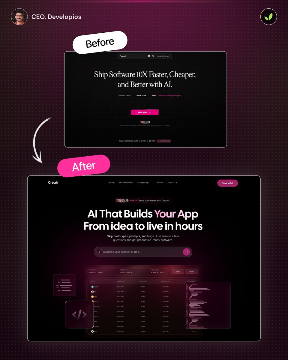 faraz___dev's tweet image. From generic to game-changing.

CRO Focused Revamp for Creatr’s website to focus on clarity, conversion, &amp;amp; user flow.

✨ Clearer messaging
✨ Stronger visuals
✨ Conversion-focused design

Need a FREE CRO Audit? Request now:
developios.com

#WebDesign #Developios