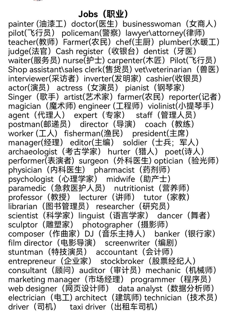 【常见职业名称大全】

看看你的职业英语用怎么说？👇