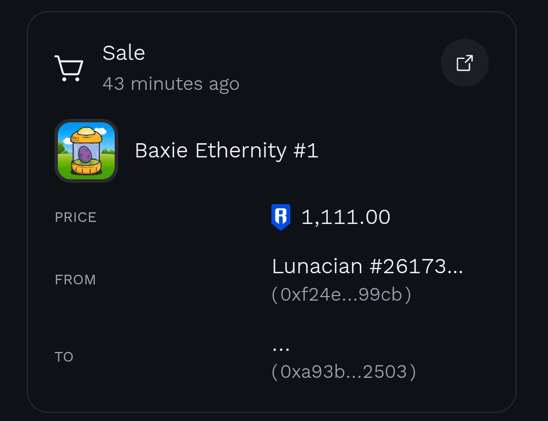 Did you know?

Just about 43 minutes ago, <a href="/Baxieronen/">BAXIE Ethernity</a> Egg #1 sold for 1,111.00 $RONIN!

This is the highest sale so far, and the egg hasn’t even been revealed yet.

By <a href="/ronencoin/">Ronen Mining Network ✳️</a>
Powered by <a href="/Ronin_Network/">Ronin</a>
📍🌕