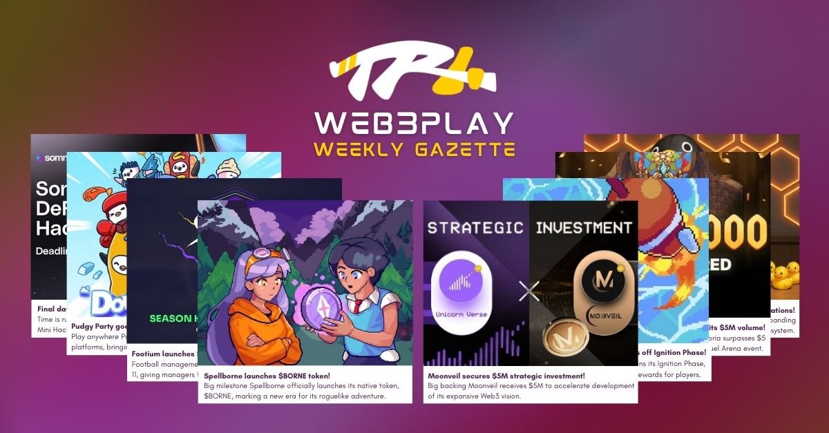 Web3-Gaming Gazette#75 is live🗞️

🗓️Events
<a href="/FishingFrenzyCo/">Fishing Frenzy</a> Ignition Phase
<a href="/Footium/">Footium</a> Season 11

🎮Ecosystem News
<a href="/PlayPudgyParty/">Pudgy Party</a> goes Live!
<a href="/CyberKongz/">CyberKongz</a> $KONGZ
<a href="/Moonveil_Studio/">🌙Moonveil.gg</a> secures $5M
<a href="/playcambria/">Cambria</a> Duel Arena hits $5M
<a href="/BioProtocol/">Bio Protocol</a> $AUBRAI

and more news at⬇️