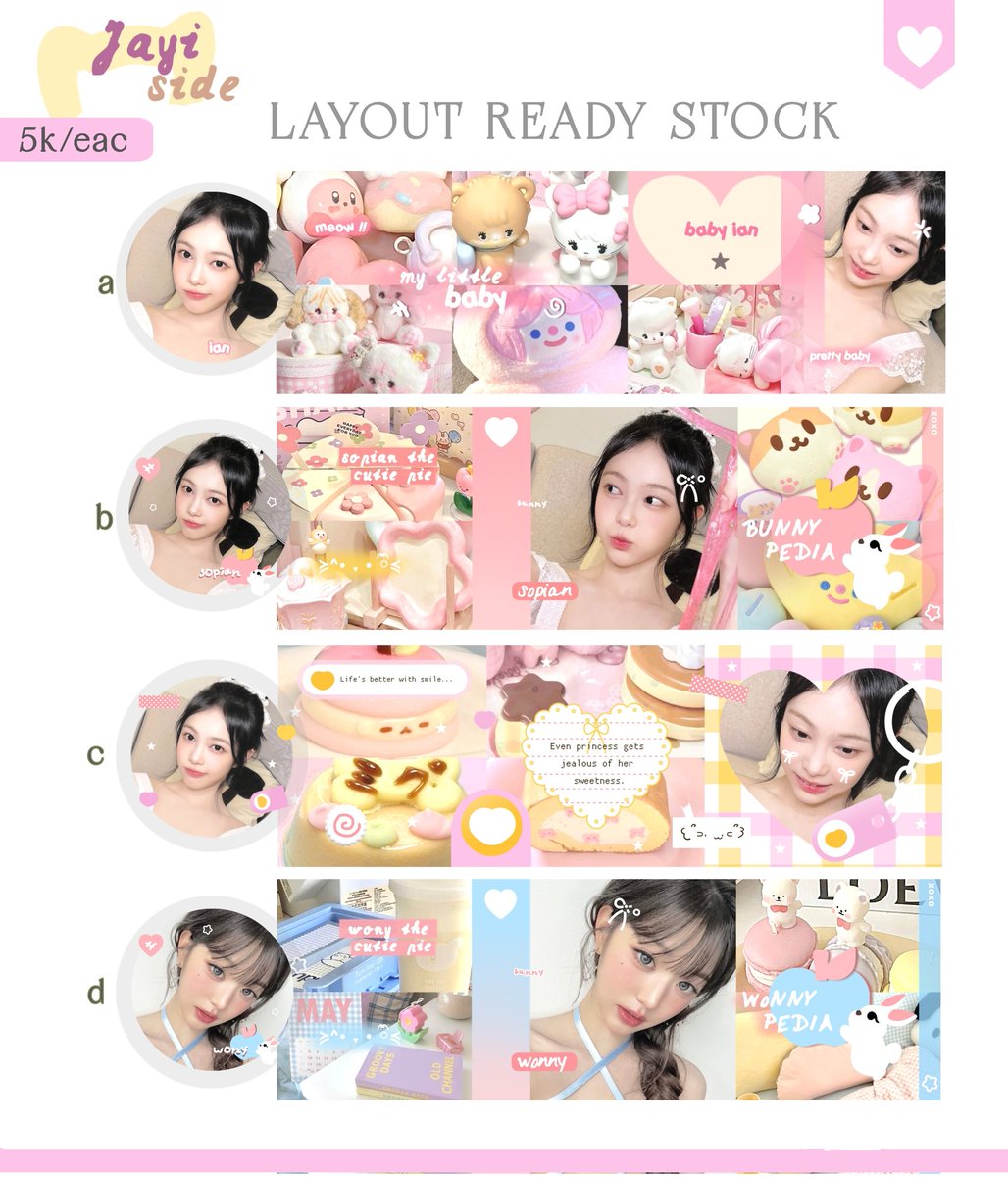 jayina's tweet image. help rt boleh?? thank u yaaa

haloo, aku ada layout ready stock ian, wony, jiwoo, stella, ningning serba 5.OOO☝️
100% penjualannya akan aku donasikan ke kakak2 yang ikut turun demo. yukk jajang sembari donasi🥰🫶
#zonauang