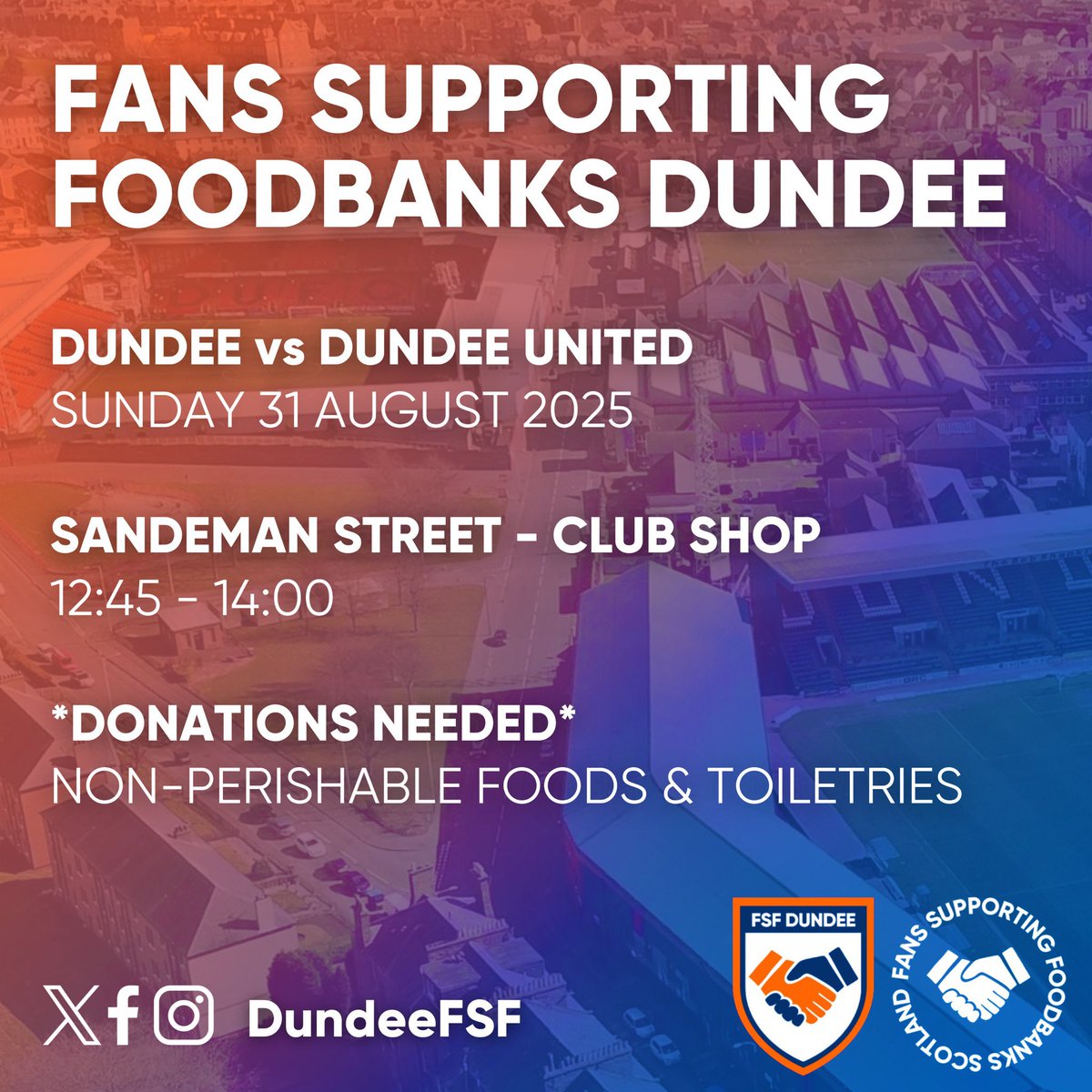 Marty Smith (@martydundeefsf) on Twitter photo It’s Derby Day! ⚽️
Big day on the pitch – and a chance off it for both sets of fans to come together to support our <a href="/DundeeFSF/">Fans Supporting Foodbanks Dundee</a> collection!🥫
Heading to the game? Drop off a foodbank donation - or look out for our cash buckets around Dens! 🤝
#HungerDoesntWearClubColours It’s Derby Day! ⚽️
Big day on the pitch – and a chance off it for both sets of fans to come together to support our <a href="/DundeeFSF/">Fans Supporting Foodbanks Dundee</a> collection!🥫
Heading to the game? Drop off a foodbank donation - or look out for our cash buckets around Dens! 🤝
#HungerDoesntWearClubColours