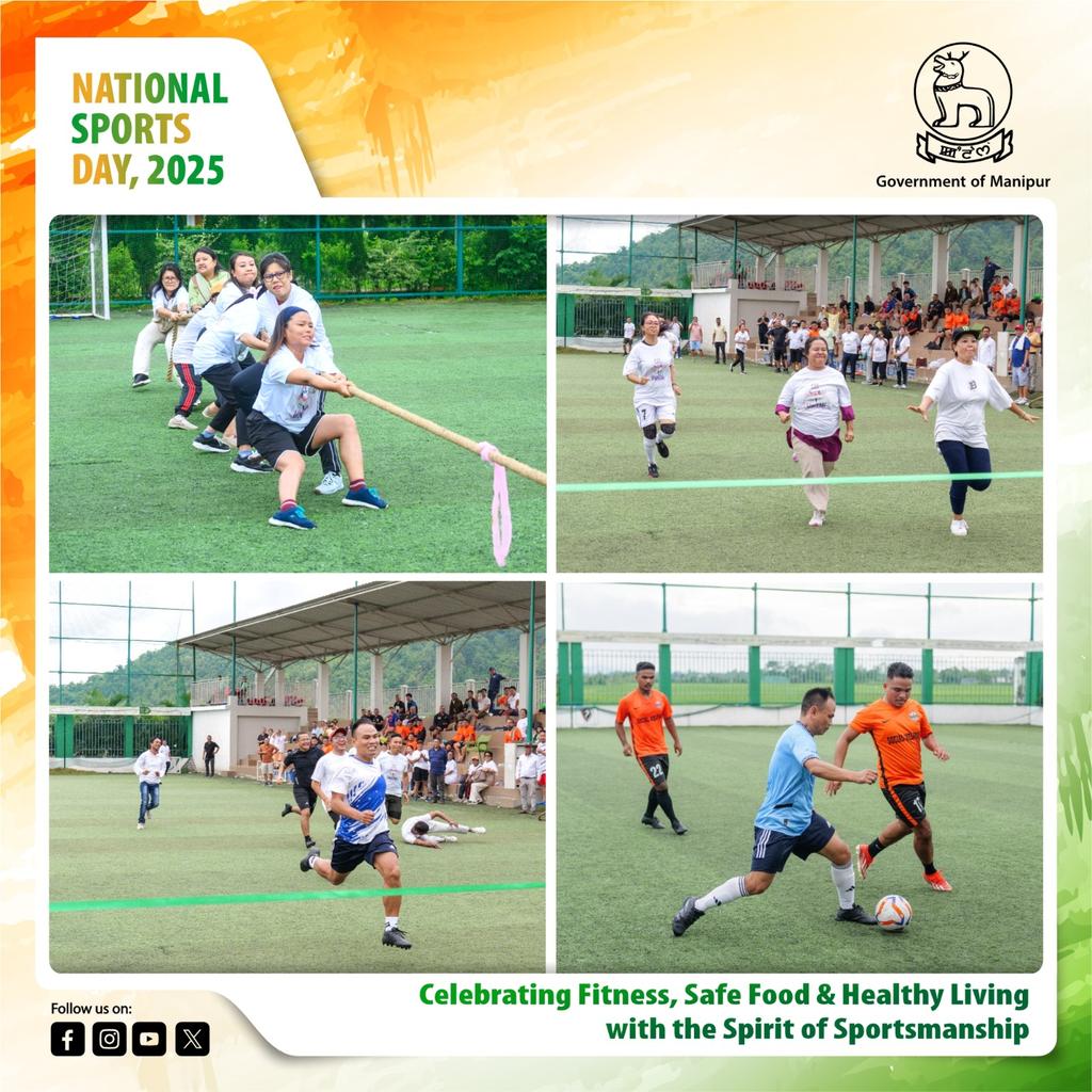 govt_of_manipur's tweet photo. The Food Safety Administration, Health Department, Government of Manipur observed National Sports Day 2025 at Chumthang Sannapung, Imphal West, on 30th August 2025, commemorating the birth anniversary of hockey legend Major Dhyan Chand.

The event promoted fitness, healthy lifestyles and safe food practices, in line with the Hon’ble Prime Minister’s call to reduce oil intake and adopt balanced diets. Participants took the Fit India Pledge and joined in fun sporting events including football, badminton, races, tug of war and carrom.

Senior officials from the Health Department and Food Safety Administration graced the occasion, encouraging everyone to embrace sports, safe food and active living.

#GovernmentOfManipur #NSD2025  #HarGaliHarMaidan #EatRightIndia #FitIndia