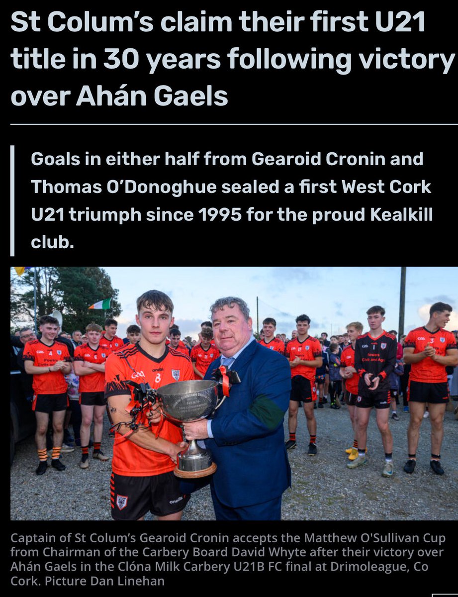 germccarthy74's tweet image. 📰My on the whistle @echolivecork match report from Drimoleague where @ColumsGAA claimed a first @ClonaDairy @carberygaa U21 title in 30 years by defeating @AhanGaelsGAA 

#️⃣ #cork #gaa #corkgaa #U21 

🔗 echolive.ie/corksport/arid…