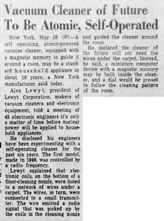 Vacuum Cleaner of Future To Be Atomic (Alex Lewyt, owner of the Lewyt Vacuum Corporation, May 19, 1955)