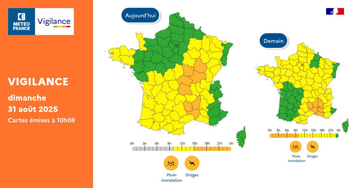 meteofrance's tweet image. 🟠 #VigilanceOrange #PluieInondation #Orages

Ce dimanche après-midi et en soirée, orages localement violents sur l&apos;Auvergne et la Bourgogne.  

Ce soir, épisode méditerranéen sur le Sud-Est avec des orages violents, très fortes intensités pluvieuses
 
⚠️ vigilance.meteofrance.fr/fr