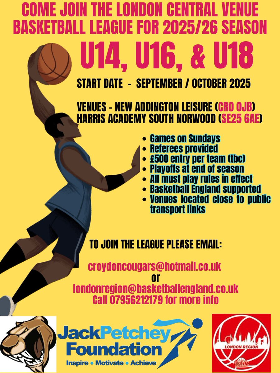 Last opportunity to enter your team into the London Central venue basketball league for the upcoming season. Please email Croydoncougars@hotmail.co.uk if you have any u14, u16 or u18 team to enter.