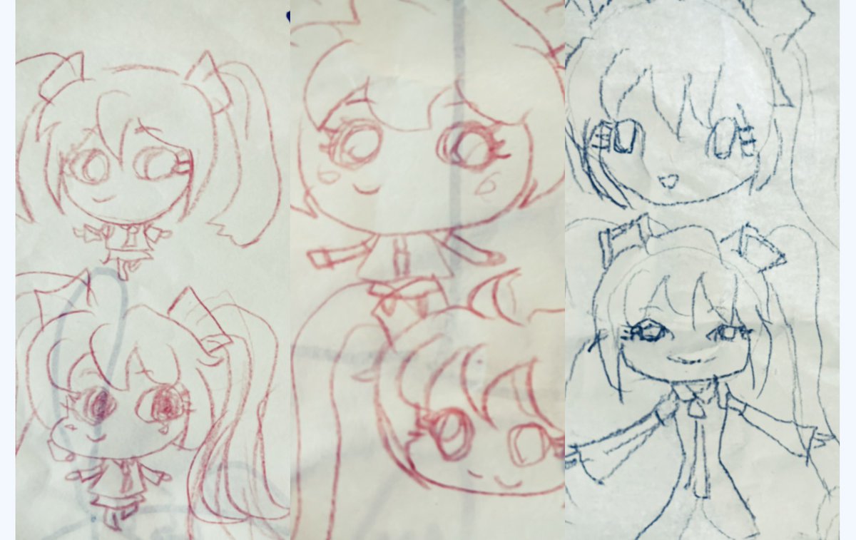 初のミニキャラ結構試行錯誤してるのよ、
子供のお絵かきの裏紙に。