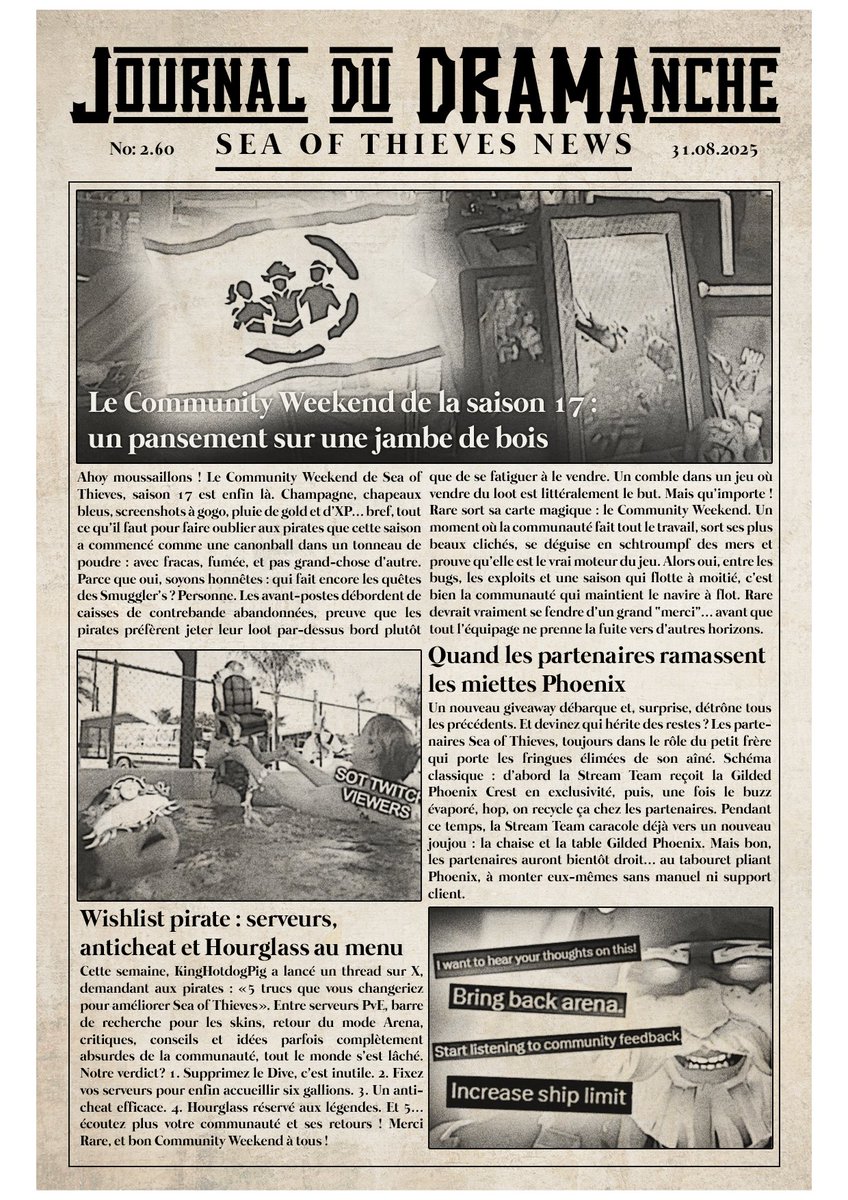 Cette semaine dans votre journal:  
➡️Community Weekend de la S17 
➡️Le nouveau giveaway que tout le monde veut !
➡️ Le Wishlist Pirate de <a href="/KingHotdogPig/">KingHotdogPig</a>   

Retrouvez l'actualité de #SeaOfThieves dans le Journal du DRAMAnche !   JDD No: 2.60 - 31/08/2025
<a href="/RareLtd/">Rare Ltd.</a> 
<a href="/SeaOfThieves/">Sea of Thieves</a>