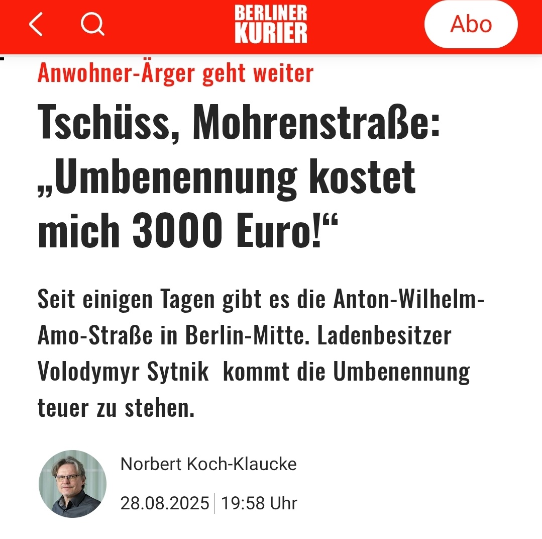 Die „Entmohrung” der Berliner #Mohrenstraße kostet Anwohner wie Volodymyr Sytnik mehrere tausend Euro.

„Ich kenne niemanden in der Nachbarschaft, der die Umbenennung wollte”, sagt der Ladenbesitzer.