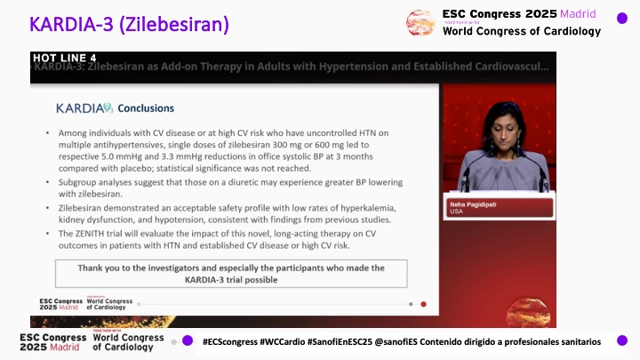 #ECScongress #WCCardio. Hot line4:
🧬 KARDIA-3 trial:
Zilebesiran = RNAi therapy that silences hepatic angiotensinogen → sustained RAAS suppression.
👥 In pts with uncontrolled HTN + CVD/high CV risk on multiple meds:
💉 Single dose (300/600 mg) ↓ office SBP by 5 &amp; 3.3 mmHg vs