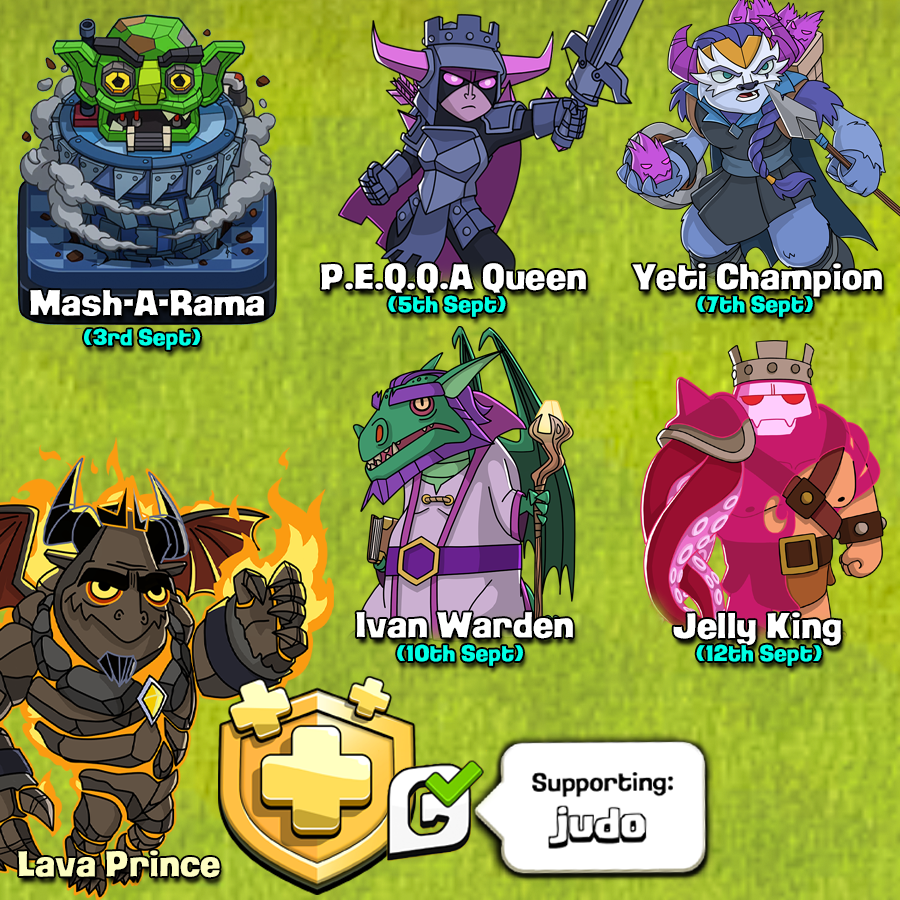 The Hero Skins and Scenery for the September Mash-A-Rama Theme have been revealed. The Lava Prince will be available in the Gold Pass!