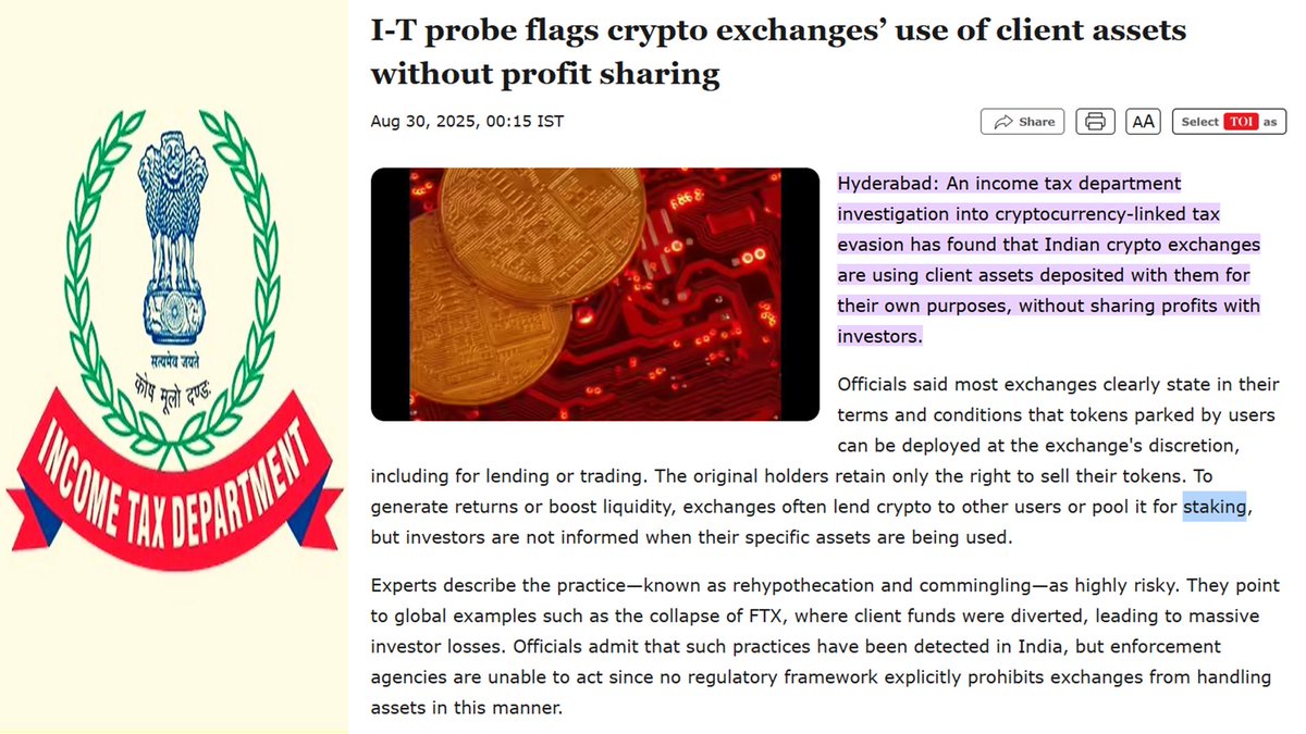 🚨 BREAKING: 🇮🇳 Income Tax Dept finds Indian crypto exchanges are  misusing customer assets for their own profits, without user consent. This  involves activities like using user funds for lending, staking and