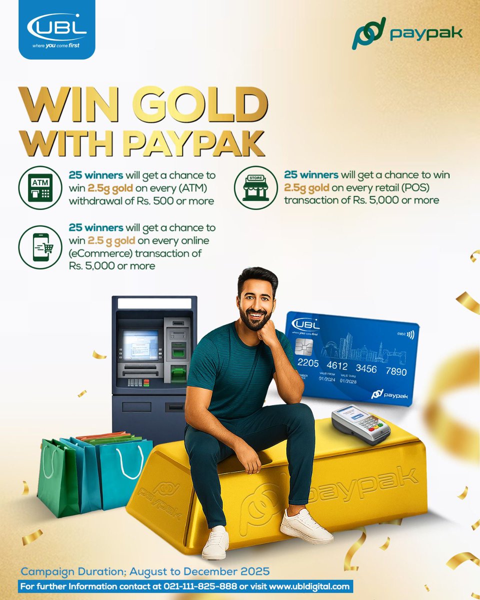 UBLDigital's tweet photo. Pay with PayPak card and strike gold.
Every transaction counts – cash, shopping or online.
Aug–Dec 2025.
Details: https://t.co/jFAreRepxt
#UBL #BestDigitalBank #BestInDigitalInnovation #PayPak #GoldGiveaway #LuckyWinners https://t.co/li6odE5v7Y