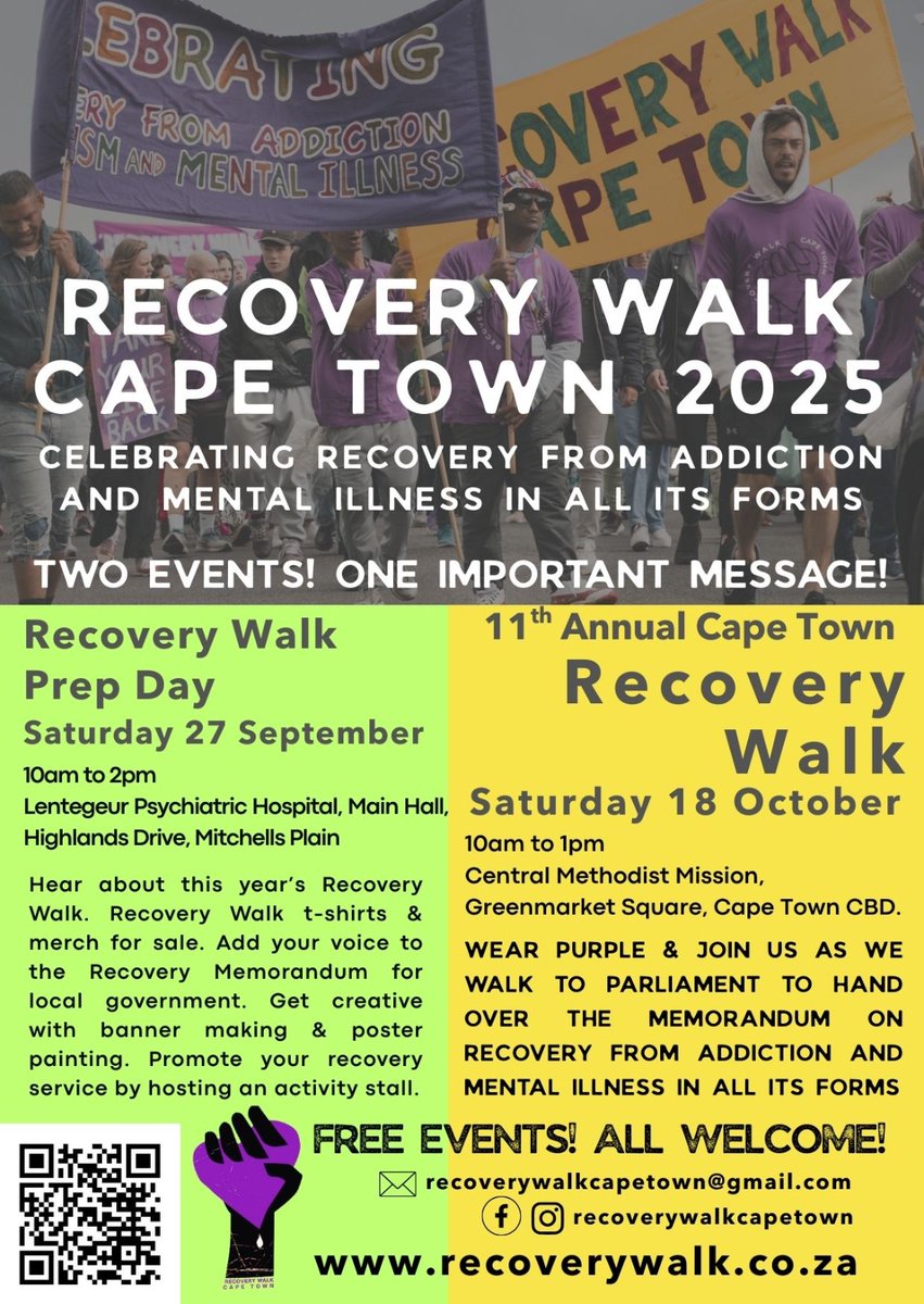 #RWCT2025 PREP DAY Sat 27 Sept 10am to 2pm Lentegeur Psychiatric Hospital, Mitchells plain. 
11th RECOVERY WALK Sat 18 Oct - 10am to 1pm, CMM,  Greenmarket Square, Cape Town, CBD recoverywalk.co.za 
#openrecovery #MentalHealth
#recoveryvoices #WeDoRecover